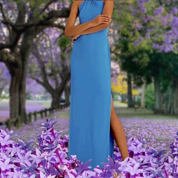 Ralph Lauren Evening Dress Exquisite Blue Halter Chain Neckline True to Size 12 - Picture 5 of 14